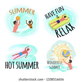 People having fun by seaside vector, people playing waterpolo with inflatable ball. Male laying on mattress, man on surfing board practicing sports