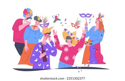 People having fun at carnival, flat vector illustration isolated on background. Purim or brazilian carnival, mardi gras festival design element.