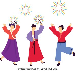 People Having Fun and Dance for upcoming year Party Night concept, joyfully lighting firecrackers vector design, Chinese New Years Eve symbol, Year of the Dragon sign China Spring Festival scene stock