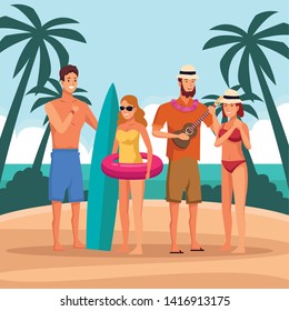People having fun and dancing at beach, summer and vacations. vector illustration graphic design