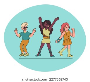 People are having fun and dancing. Different cheerful doodle characters of different gender and race. Vector bright illustration.