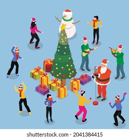 People having fun dancing and singing celebrating christmas 3d isometric vector illustration concept for banner, website, landing page, ads, flyer