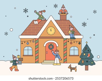 People having fun decorating their houses for Christmas. Postcard concept. outline simple vector illustration.