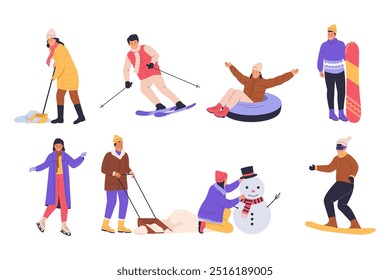 Pessoas se divertindo e fazendo atividades de inverno definir ilustração vetorial
