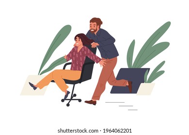 Gente divirtiéndose y entreteniéndose durante el descanso en el trabajo. Divertidos compañeros amigos montando una silla de ruedas. El concepto de entretenimiento laboral. Ilustración vectorial plana coloreada aislada en fondo blanco