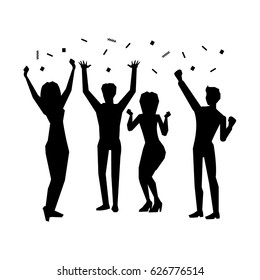People having fun with falling confetti shadow theme on white background. Four silhouettes having fun. Party time, holiday celebration in cartoon style. Vector illustration in flat design