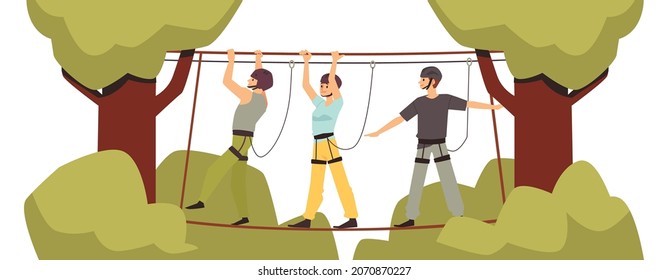 Gente divirtiéndose en el parque de cuerdas de aventura forestal. Hombres y mujeres trepando por caminos de cuerda en parque, ilustración vectorial de dibujos planos aislados en fondo blanco.