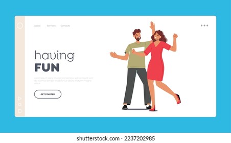 People Having Fun Landing Page Template. Young Couple Dancing, Active Man and Woman in Loving or Friendly Relations Spend Time Together, Disco Dance Leisure or Hobby. Cartoon Vector Illustration