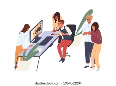 People having fun, laughing and watching funny videos in office. Colleagues spending time, entertaining together at workplace. Colored flat vector illustration of happy workers isolated on white