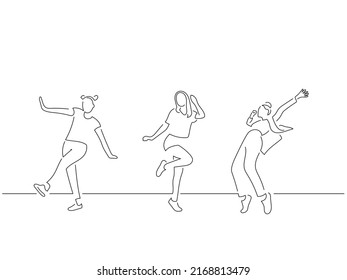 People having fun in line art drawing style. Composition of three persons dancing. Black linear sketch isolated on white background. Vector illustration design.