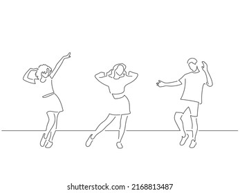 People having fun in line art drawing style. Composition of three persons dancing. Black linear sketch isolated on white background. Vector illustration design.