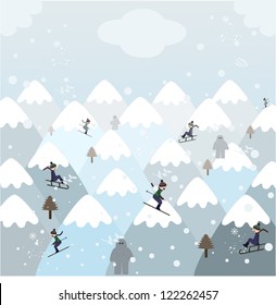 People having fun and making sports during winter holidays on a snowy mountain landscape with snow monsters 