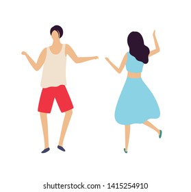 People having fun in night club vector, dancing woman and man relaxing couple clubbing adults relaxing. Isolated pair raising hands up flat style