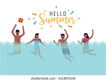 People having fun with ocean swimming. summer vacation concept. flat character design. vector illustration.
