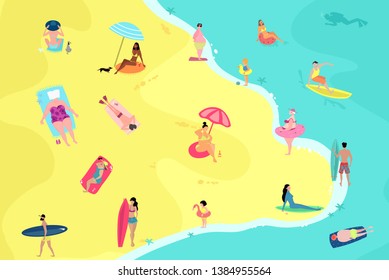 People having fun on the beach. Summer vacation beach people enjoying time vector illustration.