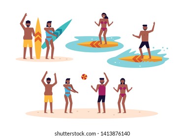 People having fun on the beach. Surfer and playing ball. summer vacation concept. flat character design. vector illustration.