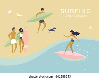 People having fun on the beach. Surfer girl and boy. Surfing poster. Isolated vector cartoon illustrations. Funny characters