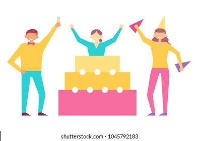 People having fun on birthday party, woman jump out fest cake, man greets everyone with glass of wine, girl with festive hats cone shape vector set