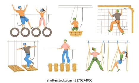 Gente divirtiéndose en ilustraciones vectoriales de curso de cuerda. Zipline y otros lugares de interés, adultos y niños divertidos en el parque con fondo blanco. Actividades al aire libre, deportes, entretenimiento