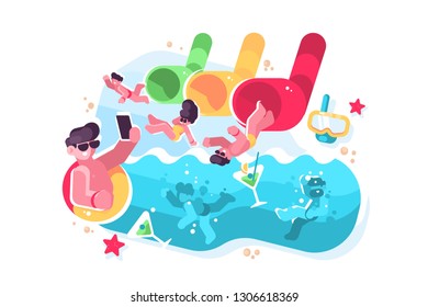 People having fun on water slides tubes at aquapark. Men and women riding down drinking cocktails and making selfie at waterpark flat vector illustration. Summer time attractions concept
