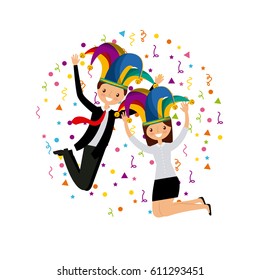 people having fun over white background. april fools day concept. colorful design. vector illustration