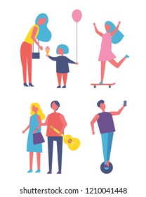 People having fun in park cartoon vector banner. Young couple walking, girl riding on skateboard, boy making photo on unicycle, mom and kid with ice