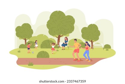 People having fun in park at summer vector illustration. Children playing football, couple jogging, woman reading book on bench, enjoying nature. Summer activity, entertainment concept