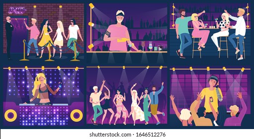 People having fun at party in night club, dancing and drinking, vector illustration. Set of scenes in night club, dj music, bartender cartoon character. Men and women dancing at night party together