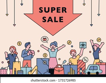 La gente se está divirtiendo en un lugar lleno de cajas de regalos. Gran flecha de descuento. estilo de diseño plano ilustración vectorial mínima.