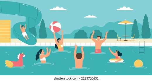 People having fun playing with ball in swimming pool in water park flat vector illustration