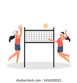 People having fun playing volleyball on the beach vector illustration. Active seabeach sport. 