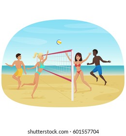 People having fun playing volleyball on the beach vector illustration. Active seabeach sport.