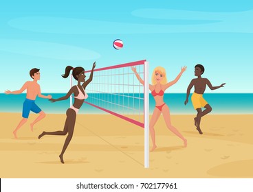 People having fun playing volleyball on the beach vector illustration. Active seabeach sport.