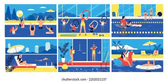 People having fun relaxing having shower doing workout in swimming pool flat color set isolated vector illustration
