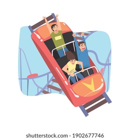 People Having Fun in Roller Coaster, Top View of Excited Young People Riding Small Fast Open Car in Amusement Park Cartoon Style Vector Illustration