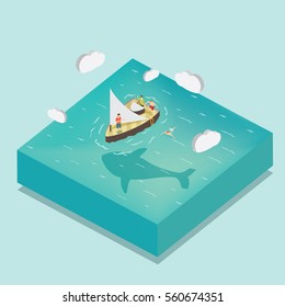 People Having Fun For Sailing In The Middle Of Sea With Isometric