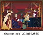 People are having fun, sitting and drinking, couples are dancing. Bartender at the bar. Art Deco