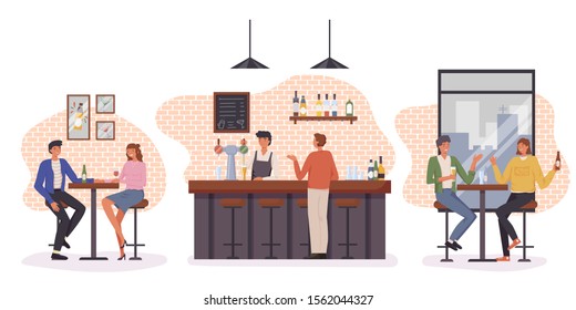 People having fun, sitting and drinking. Happy friends, business people at party vector concept. Colleague business party after work, date with girl, students in a pub. bartender standing at bar stand