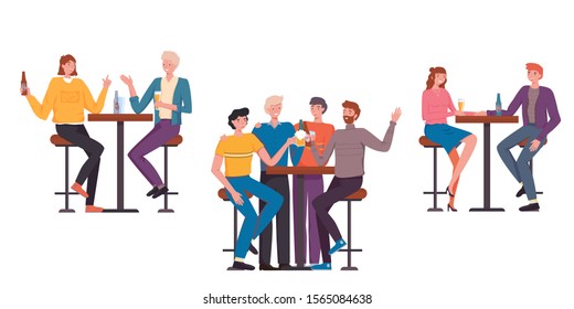 People having fun, sitting and drinking. Happy friends, business people at bar party vector concept. Colleague business party after work, date with girl, students having fun in a bar, pub, cafe