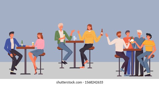 People having fun, sitting and drinking. Happy friends, business people at bar party vector concept. Colleague business party after work, date with girl, students having fun in a bar, pub, cafe