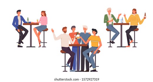 People having fun, sitting and drinking. Happy friends, business people at bar party vector concept. Colleague business party after work, date with girl, students having fun in a bar, pub, cafe