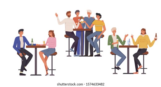 People having fun, sitting and drinking. Happy friends, business people at bar party vector concept. Colleague business party after work, date with girl, students having fun in a bar, pub, cafe