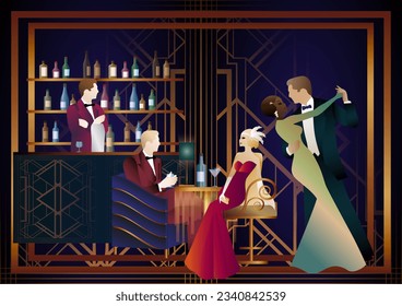 People are having fun, sitting and drinking, couples are dancing. Bartender at the bar. Art Deco