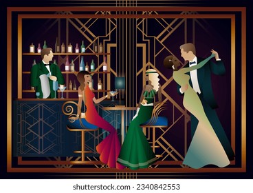 People are having fun, sitting and drinking, couples are dancing. Bartender at the bar. Art Deco