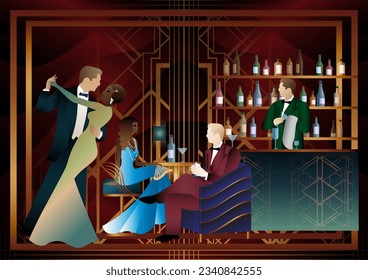 People are having fun, sitting and drinking, couples are dancing. Bartender at the bar. Art Deco