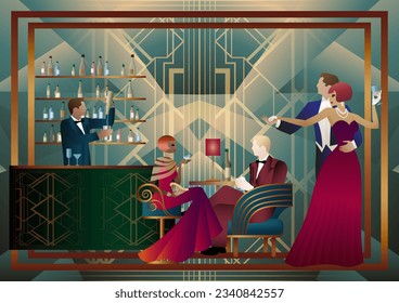 People are having fun, sitting and drinking, couples are dancing. Bartender at the bar. Art Deco