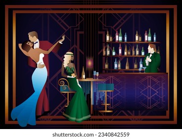 People are having fun, sitting and drinking, couples are dancing. Bartender at the bar. Art Deco