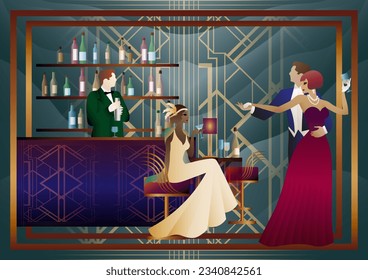 People are having fun, sitting and drinking, couples are dancing. Bartender at the bar. Art Deco