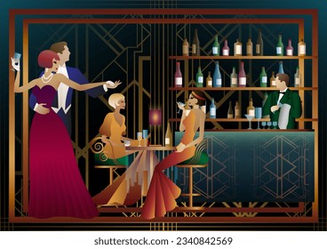 People are having fun, sitting and drinking, couples are dancing. Bartender at the bar. Art Deco