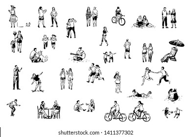 People having fun, skating, cycling, eating ice cream, taking photos, jogging, summer pastime set. Outdoor activities, fresh air recreation concept sketch. Hand drawn vector illustration